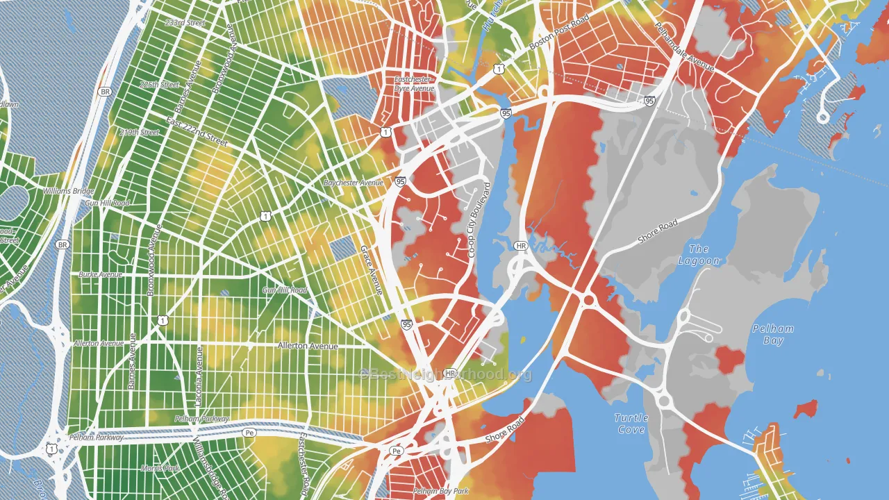 Walk Grade map of 10475, NY, walkable areas in green and car-dependent areas in red