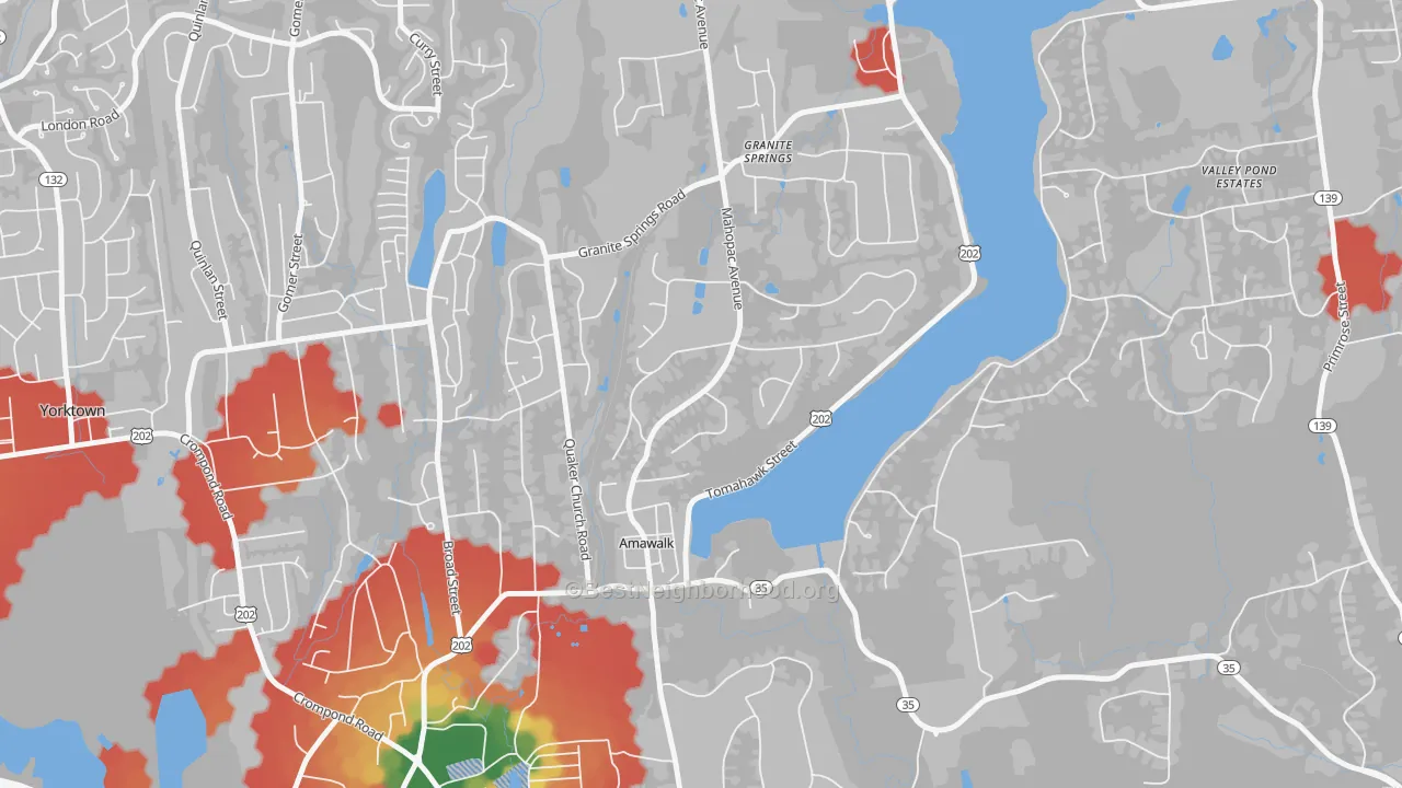 Walk Grade map of 10501, NY, walkable areas in green and car-dependent areas in red