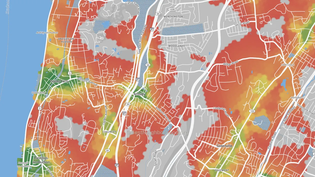 Walk Grade map of 10502, NY, walkable areas in green and car-dependent areas in red