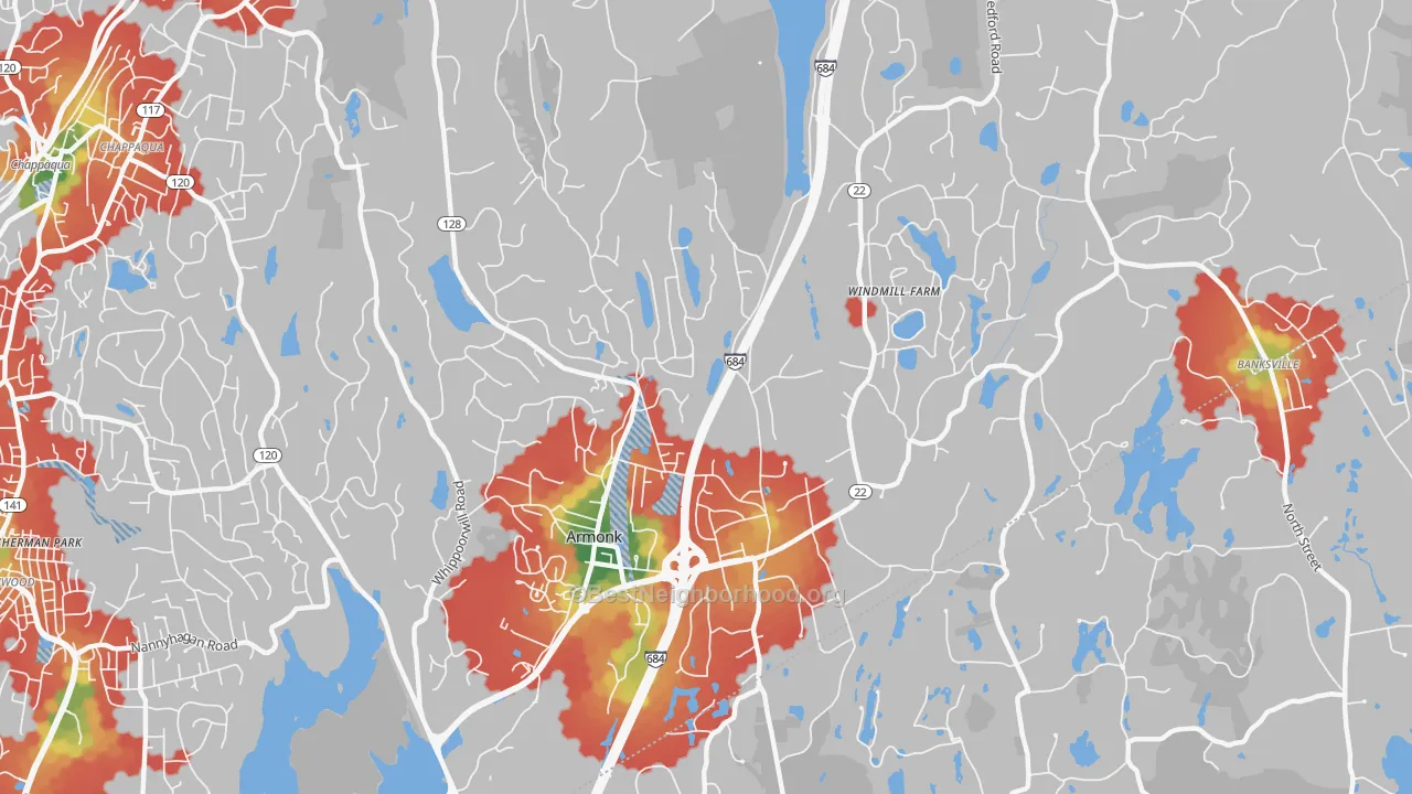Walk Grade map of 10504, NY, walkable areas in green and car-dependent areas in red