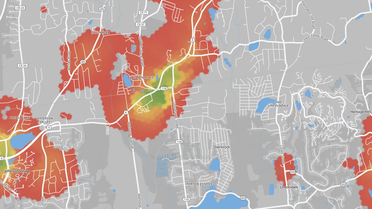 Walk Grade map of 10505, NY, walkable areas in green and car-dependent areas in red