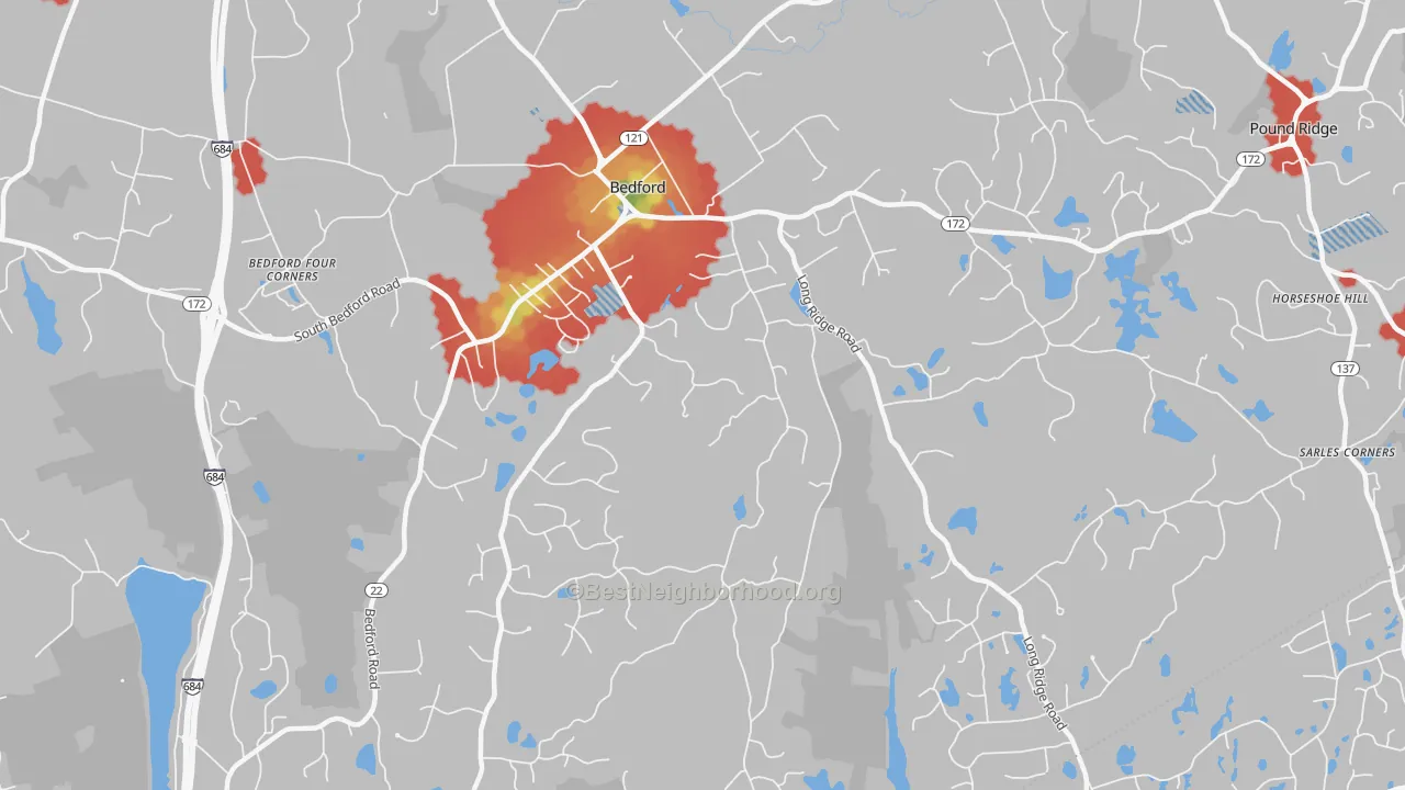 Walk Grade map of 10506, NY, walkable areas in green and car-dependent areas in red