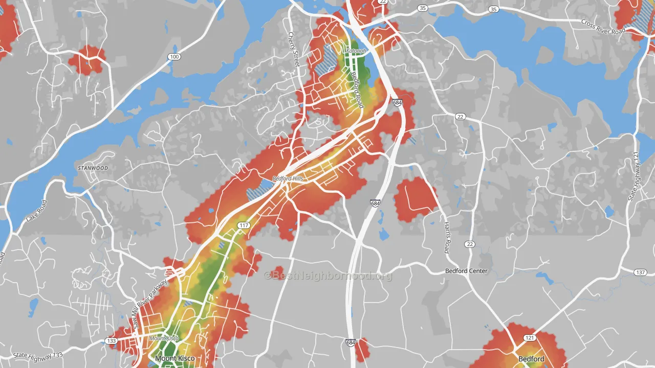 Walk Grade map of 10507, NY, walkable areas in green and car-dependent areas in red