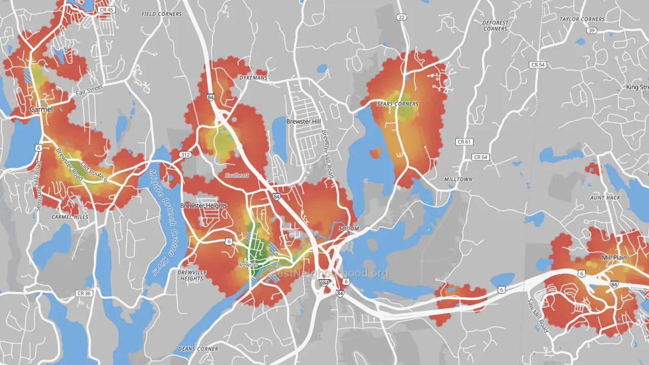 Walk Grade map of 10509, NY, walkable areas in green and car-dependent areas in red