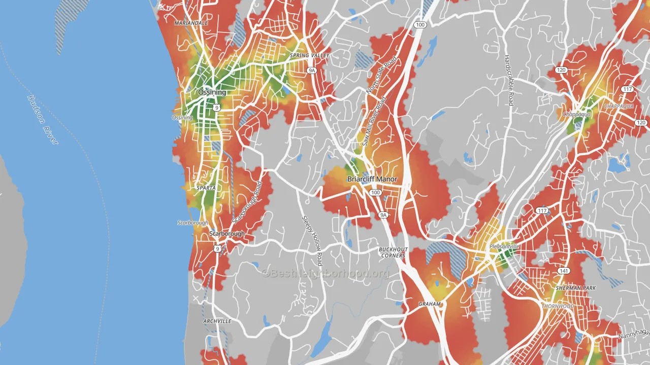 Walk Grade map of 10510, NY, walkable areas in green and car-dependent areas in red