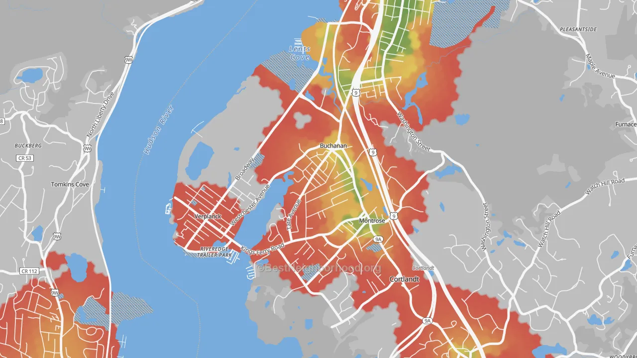 Walk Grade map of 10511, NY, walkable areas in green and car-dependent areas in red