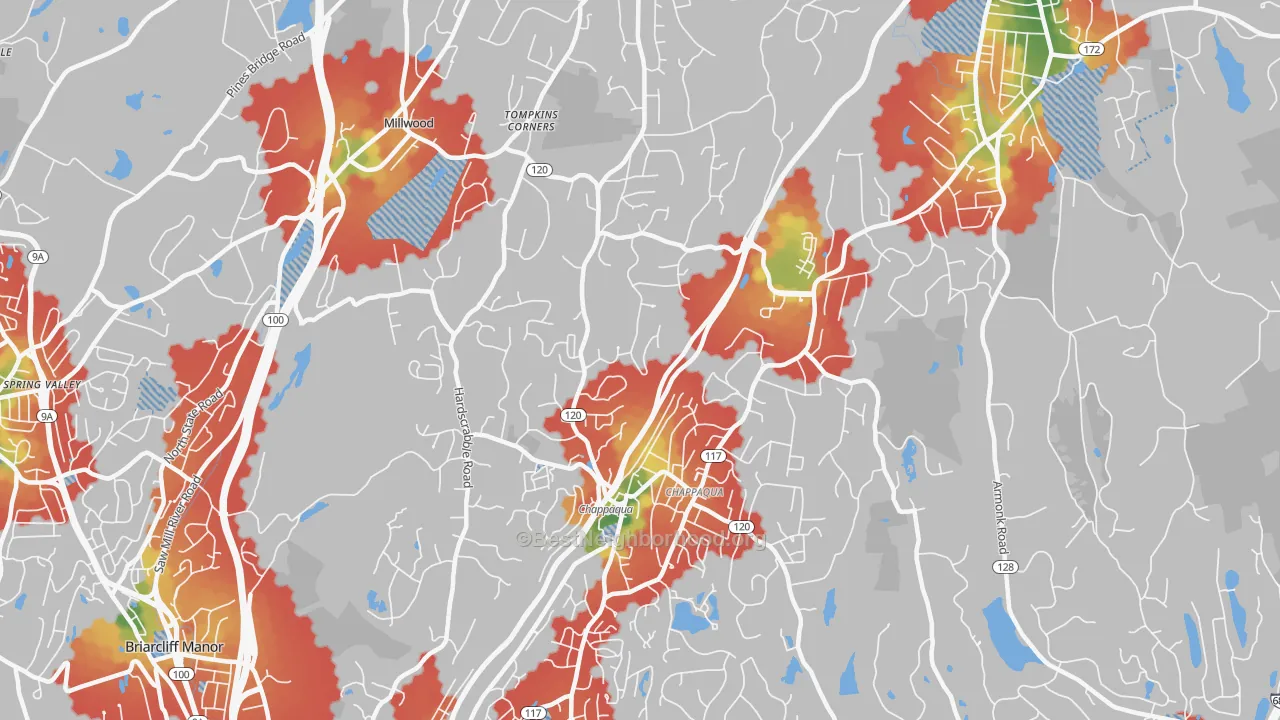 Walk Grade map of 10514, NY, walkable areas in green and car-dependent areas in red
