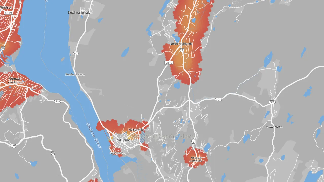 Walk Grade map of 10516, NY, walkable areas in green and car-dependent areas in red