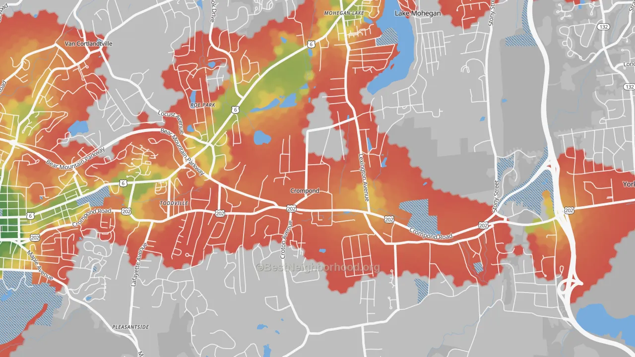 Walk Grade map of 10517, NY, walkable areas in green and car-dependent areas in red