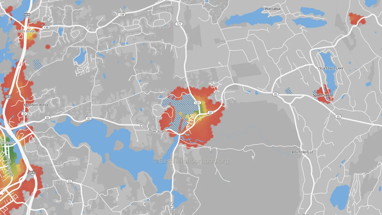 Walk Grade map of 10518, NY, walkable areas in green and car-dependent areas in red