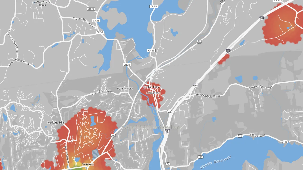 Walk Grade map of 10519, NY, walkable areas in green and car-dependent areas in red