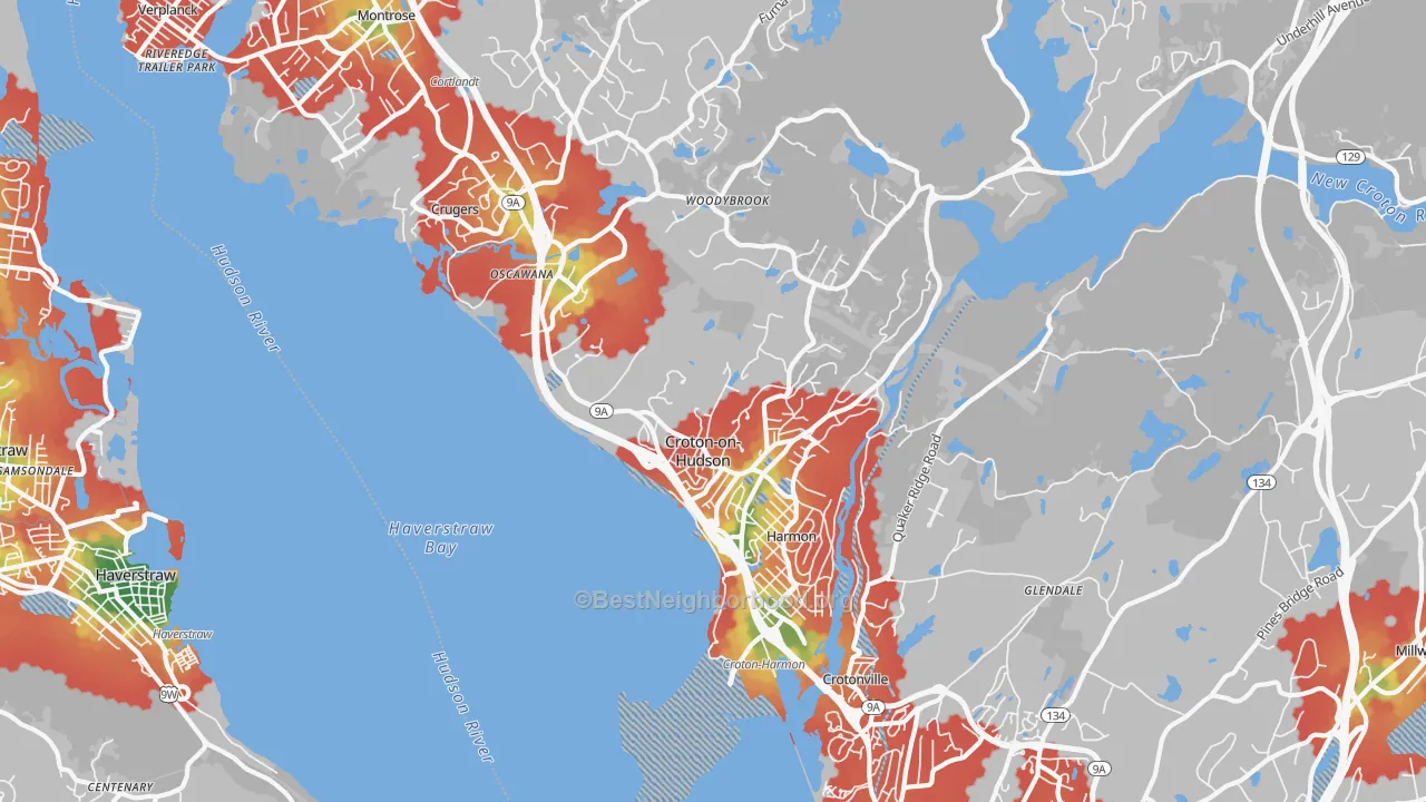 Walk Grade map of 10520, NY, walkable areas in green and car-dependent areas in red