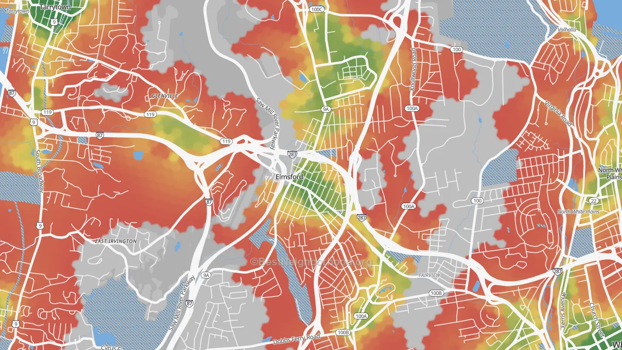 Walk Grade map of 10523, NY, walkable areas in green and car-dependent areas in red