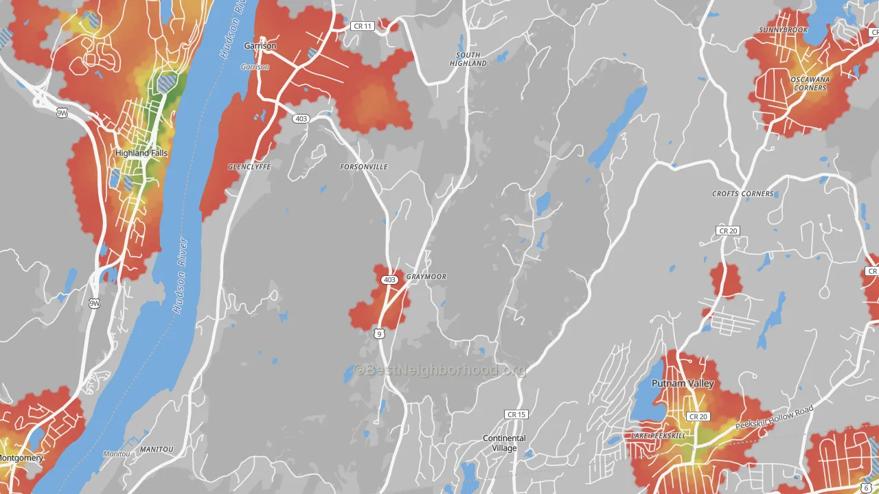 Walk Grade map of 10524, NY, walkable areas in green and car-dependent areas in red