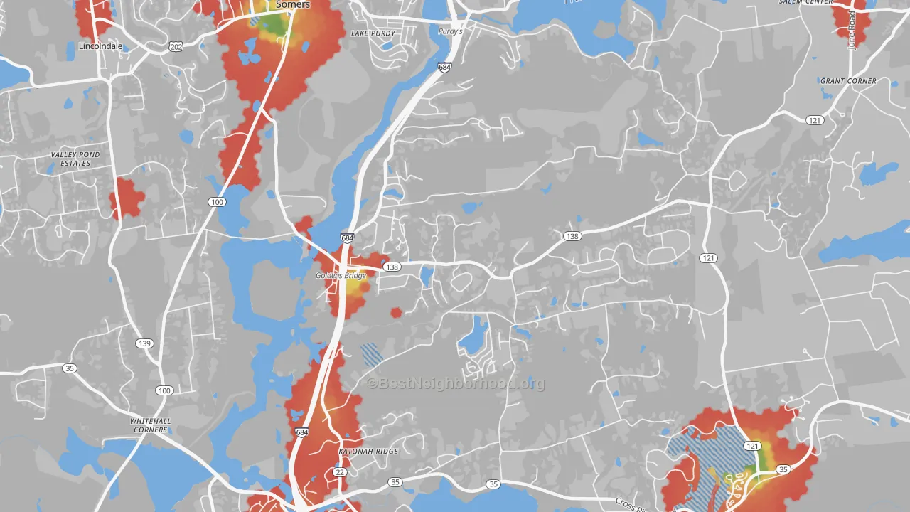 Walk Grade map of 10526, NY, walkable areas in green and car-dependent areas in red