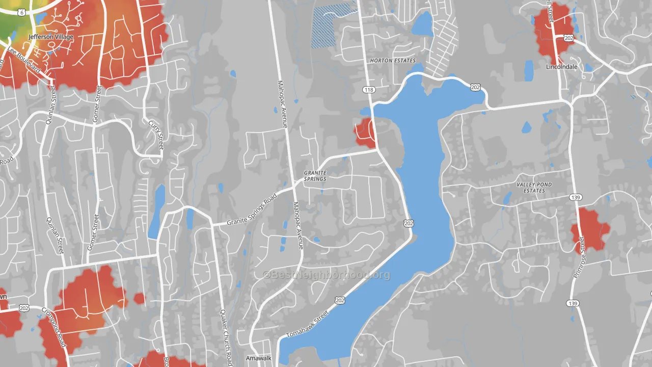 Walk Grade map of 10527, NY, walkable areas in green and car-dependent areas in red