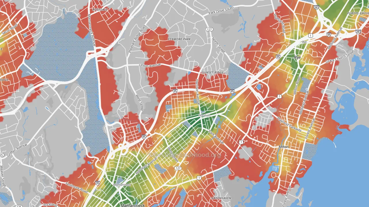 Walk Grade map of 10528, NY, walkable areas in green and car-dependent areas in red