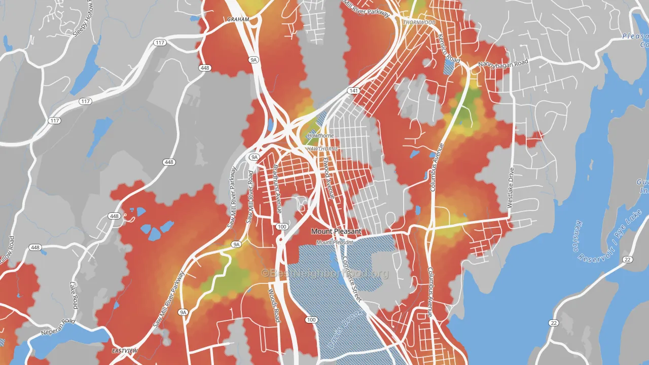 Walk Grade map of 10532, NY, walkable areas in green and car-dependent areas in red