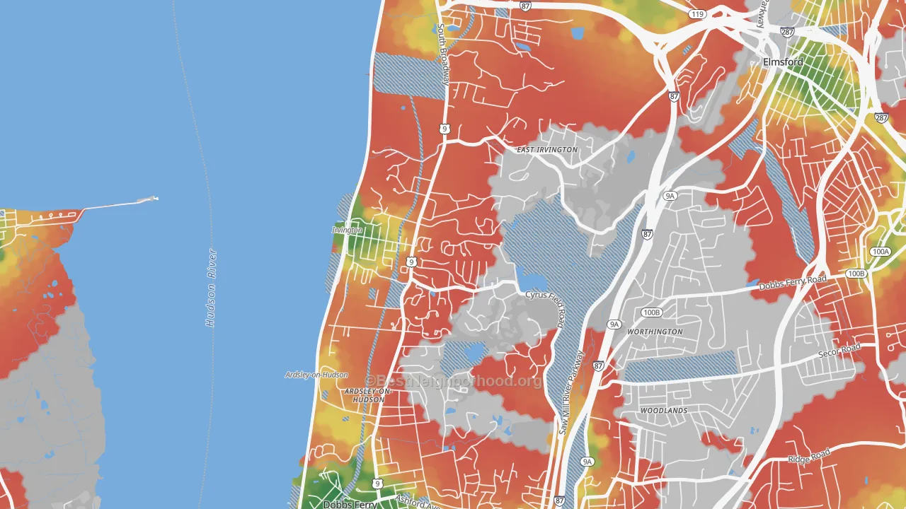 Walk Grade map of 10533, NY, walkable areas in green and car-dependent areas in red