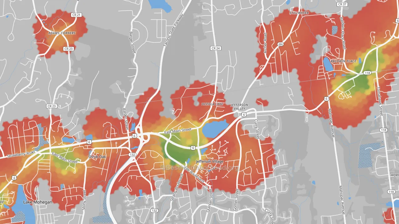 Walk Grade map of 10535, NY, walkable areas in green and car-dependent areas in red
