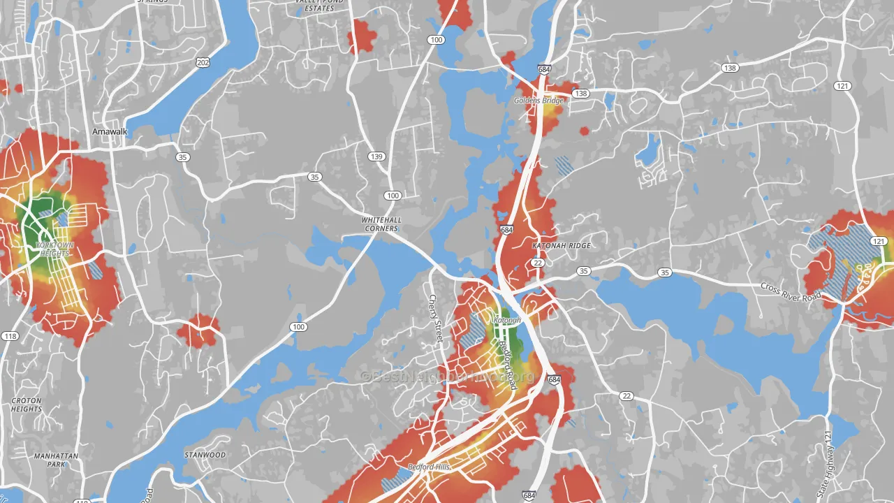 Walk Grade map of 10536, NY, walkable areas in green and car-dependent areas in red
