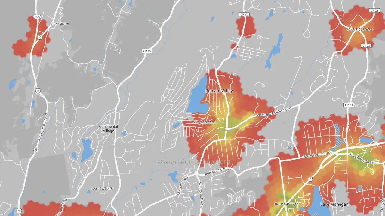 Walk Grade map of 10537, NY, walkable areas in green and car-dependent areas in red