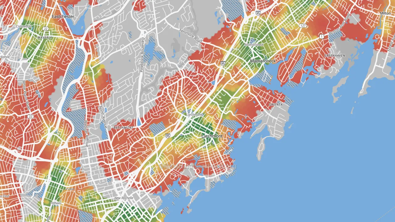 Walk Grade map of 10538, NY, walkable areas in green and car-dependent areas in red