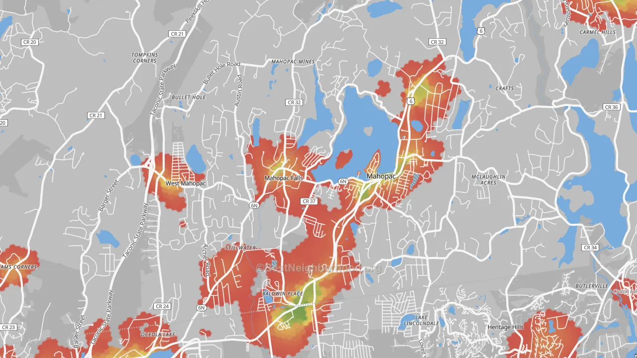 Walk Grade map of 10541, NY, walkable areas in green and car-dependent areas in red