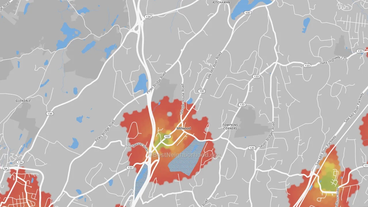 Walk Grade map of 10546, NY, walkable areas in green and car-dependent areas in red