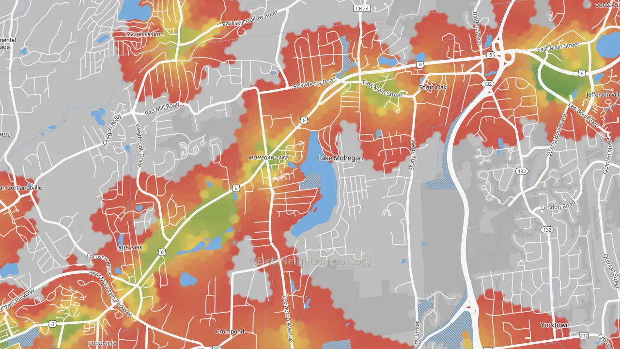 Walk Grade map of 10547, NY, walkable areas in green and car-dependent areas in red