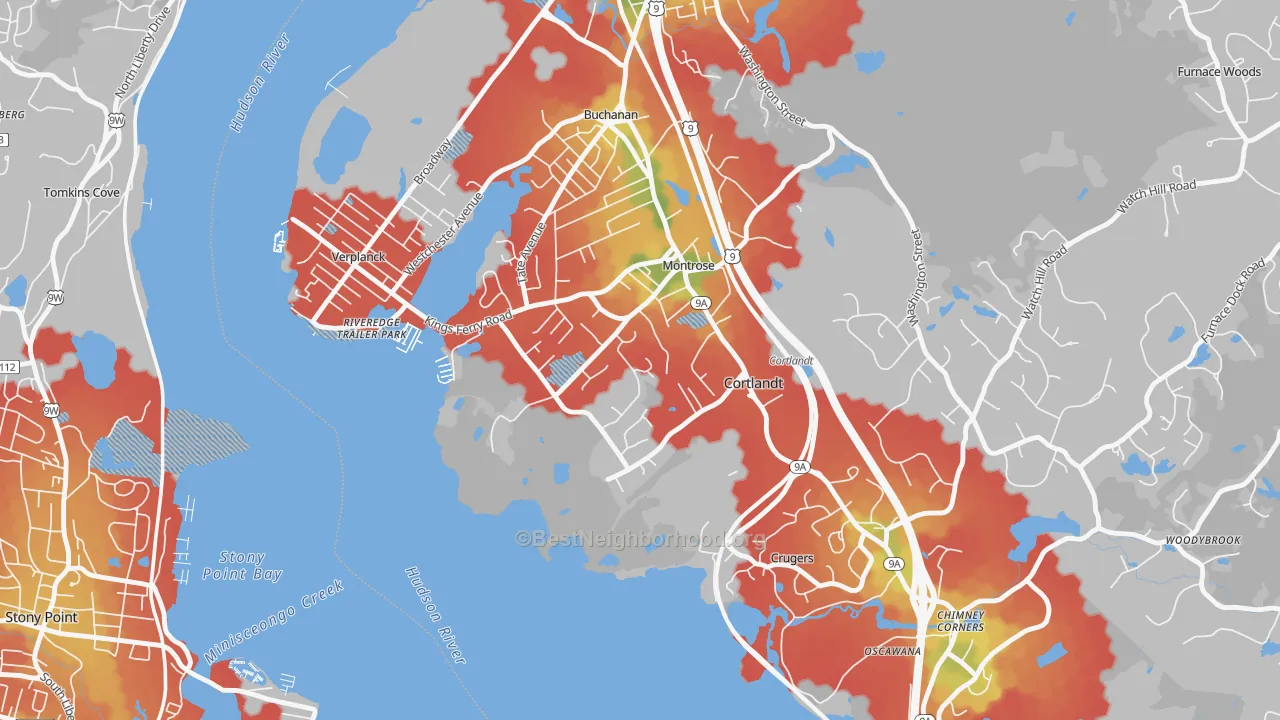 Walk Grade map of 10548, NY, walkable areas in green and car-dependent areas in red