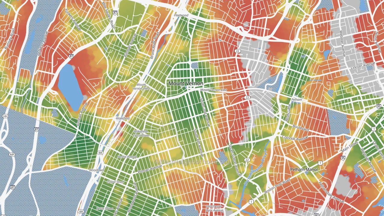 Walk Grade map of 10550, NY, walkable areas in green and car-dependent areas in red