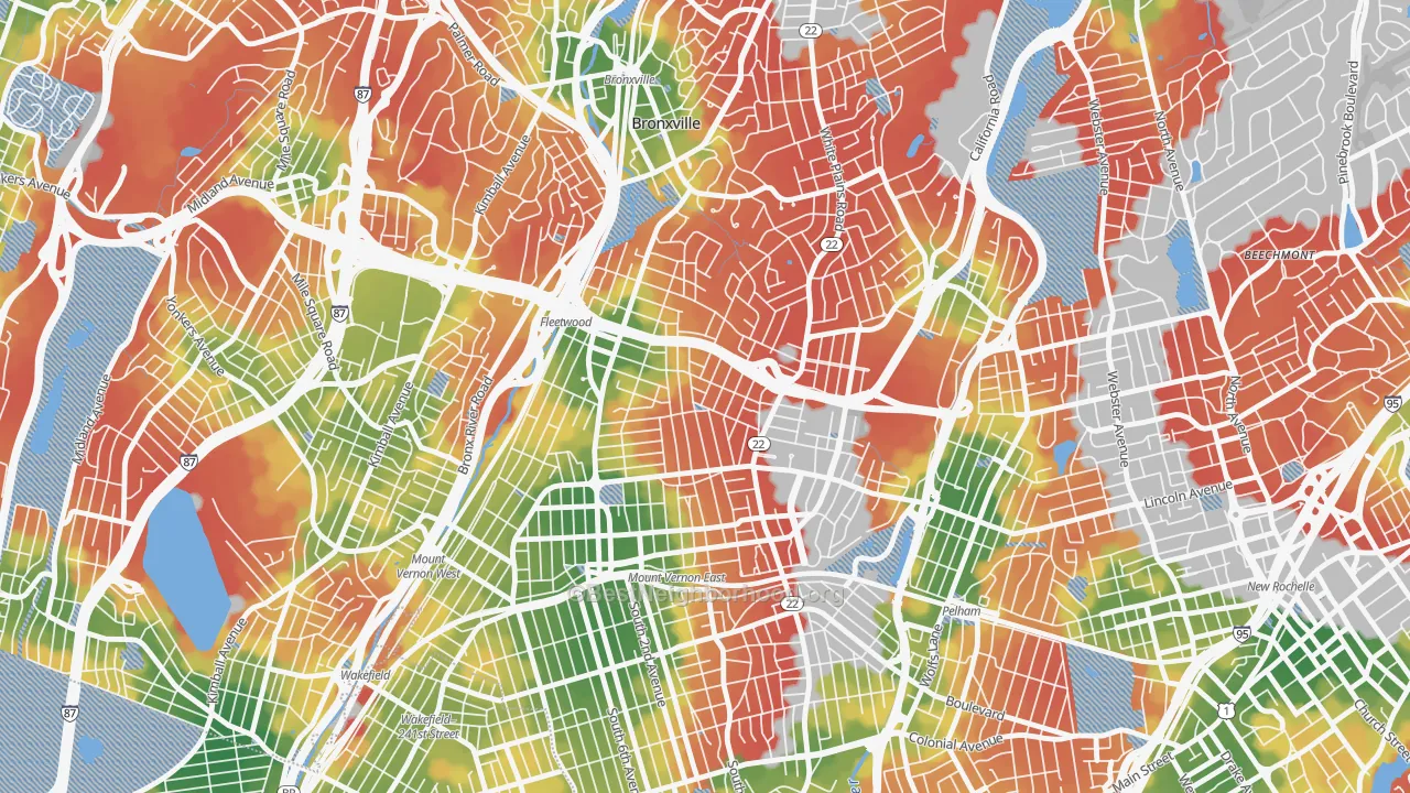 Walk Grade map of 10552, NY, walkable areas in green and car-dependent areas in red