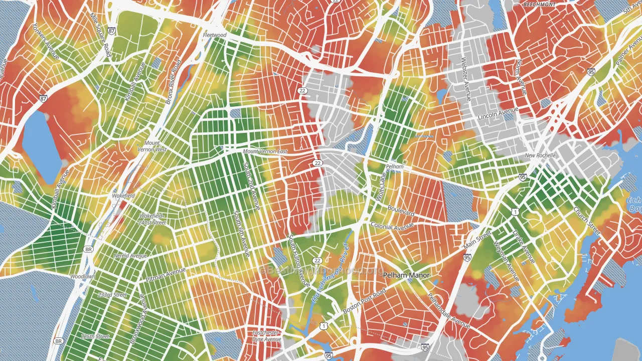 Walk Grade map of 10553, NY, walkable areas in green and car-dependent areas in red