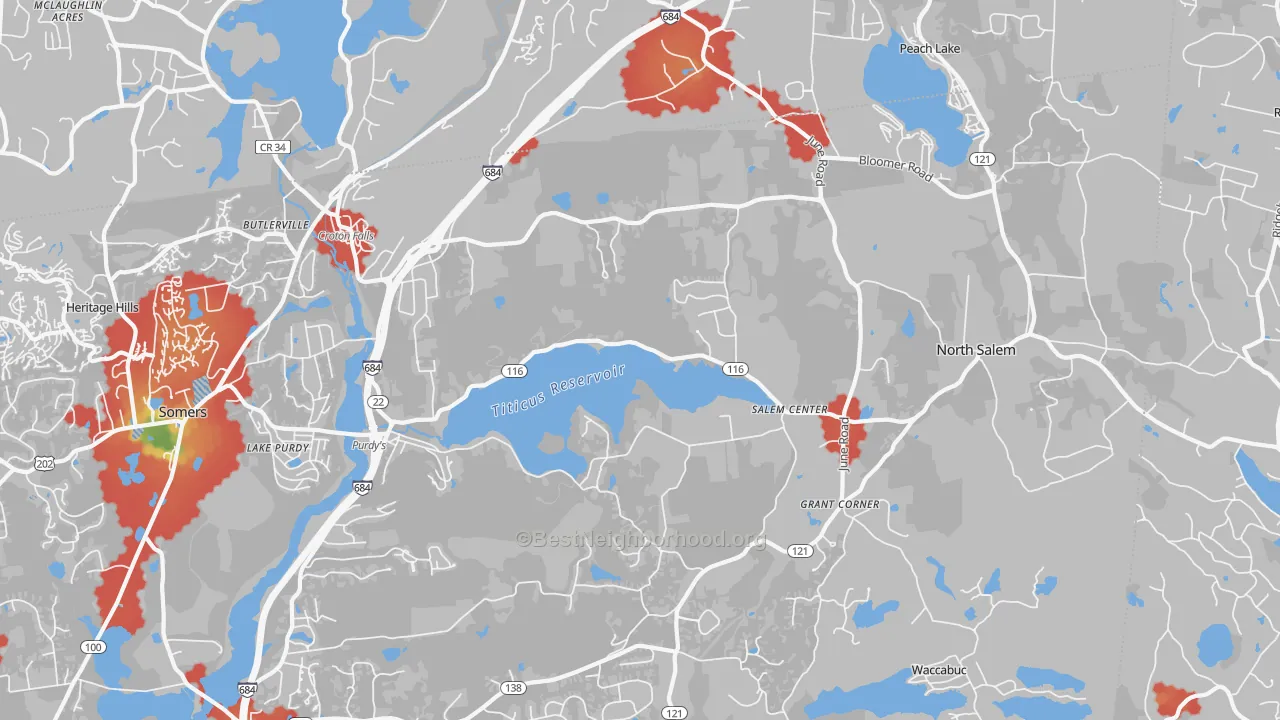 Walk Grade map of 10560, NY, walkable areas in green and car-dependent areas in red