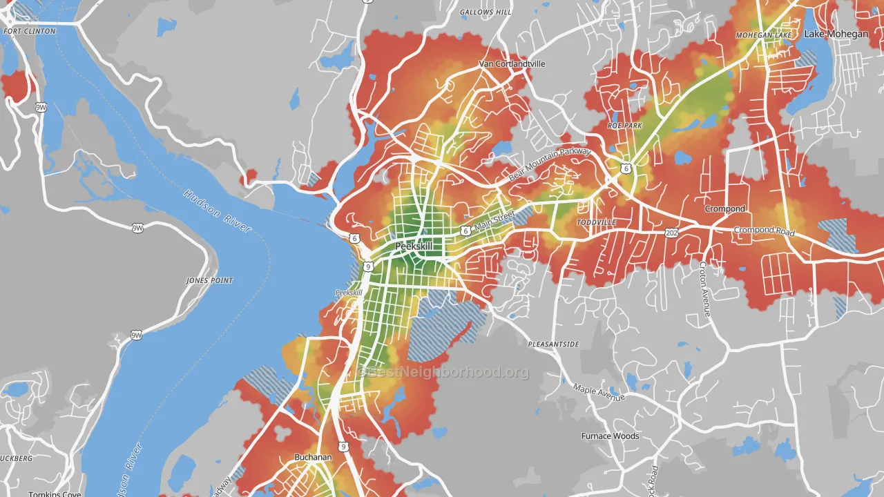 Walk Grade map of 10566, NY, walkable areas in green and car-dependent areas in red