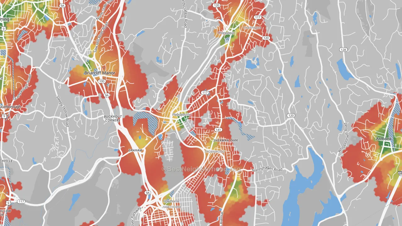 Walk Grade map of 10570, NY, walkable areas in green and car-dependent areas in red