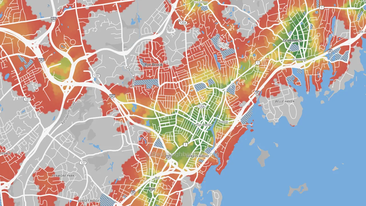 Walk Grade map of 10573, NY, walkable areas in green and car-dependent areas in red