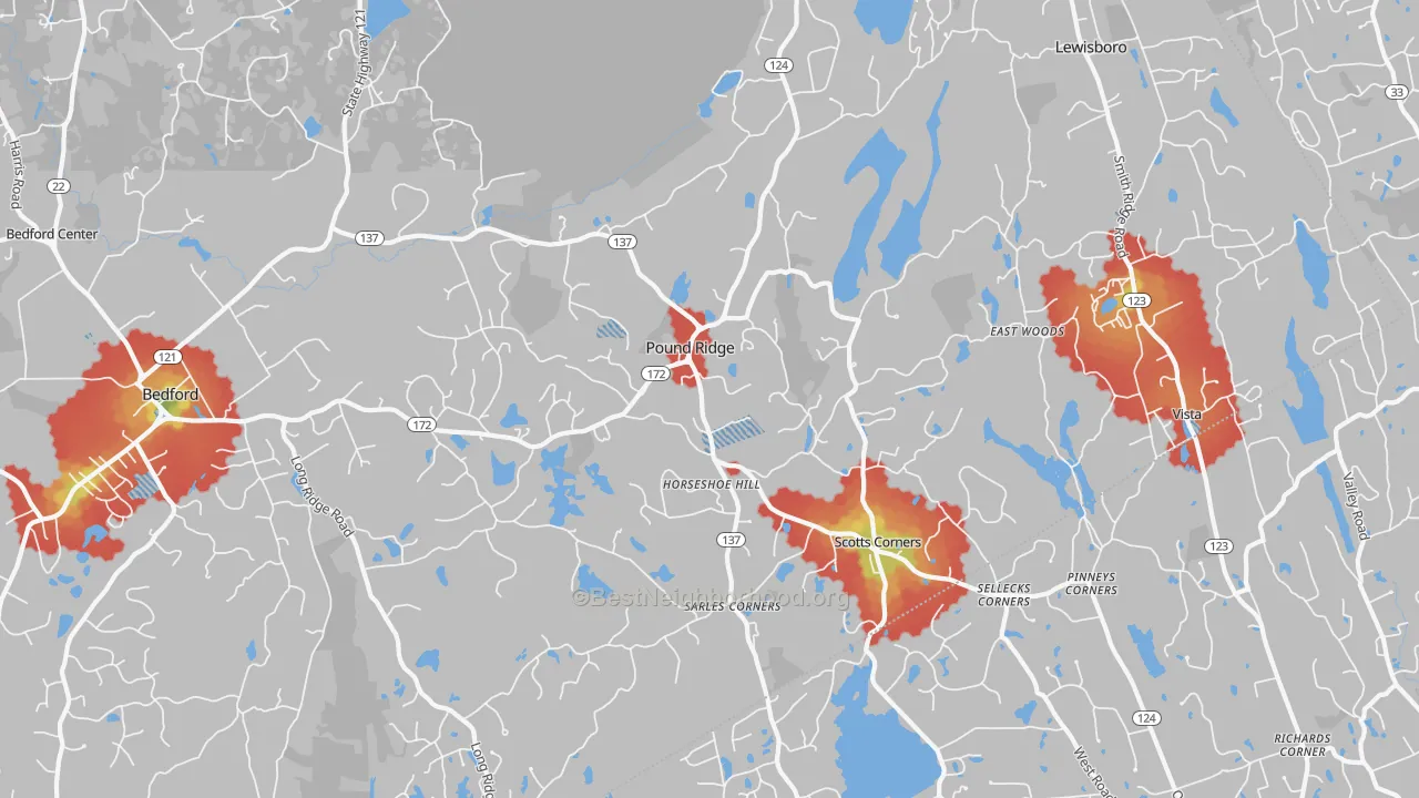 Walk Grade map of 10576, NY, walkable areas in green and car-dependent areas in red
