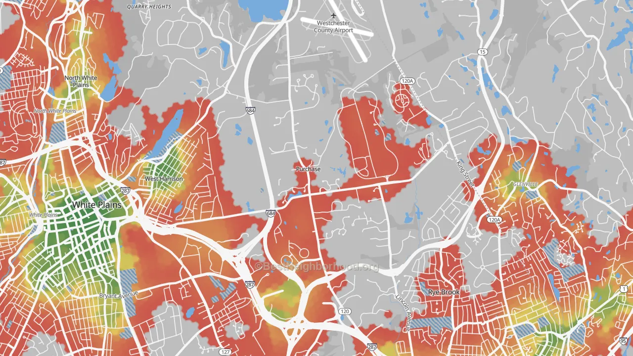 Walk Grade map of 10577, NY, walkable areas in green and car-dependent areas in red