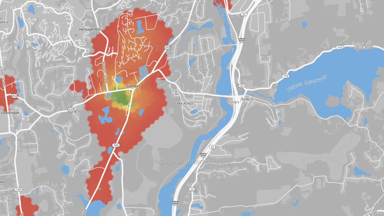Walk Grade map of 10578, NY, walkable areas in green and car-dependent areas in red