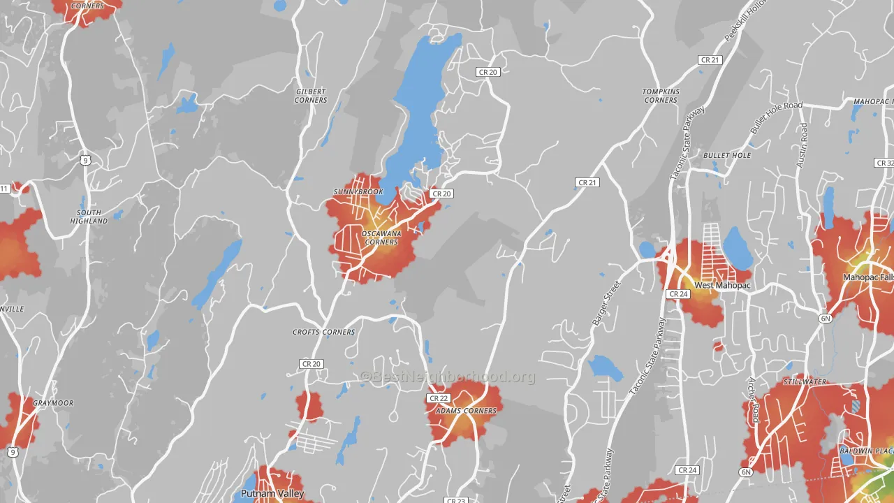 Walk Grade map of 10579, NY, walkable areas in green and car-dependent areas in red