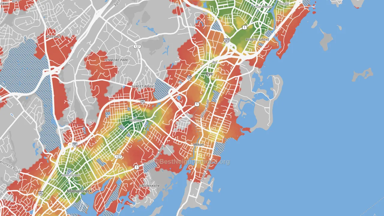 Walk Grade map of 10580, NY, walkable areas in green and car-dependent areas in red