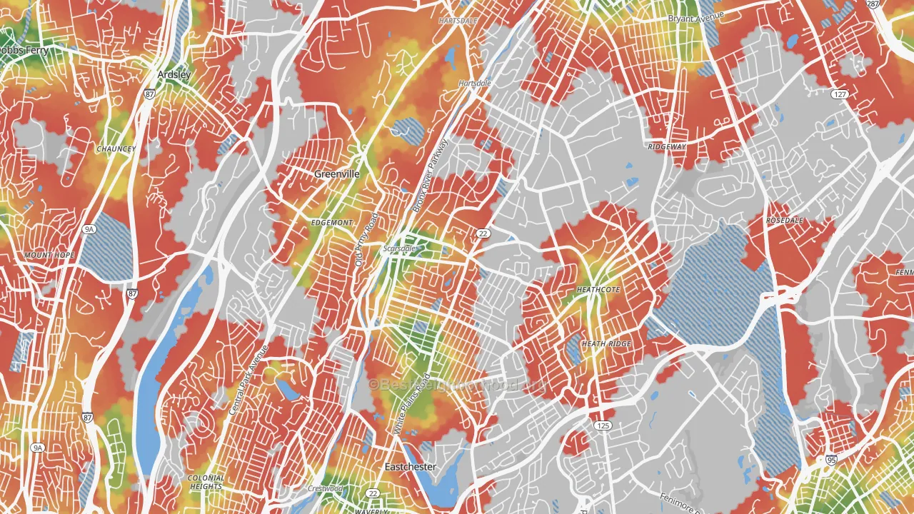 Walk Grade map of 10583, NY, walkable areas in green and car-dependent areas in red