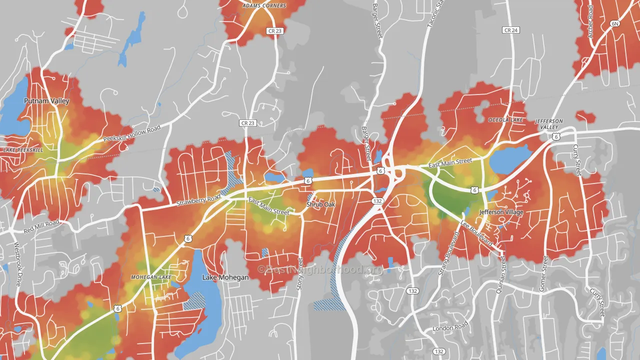 Walk Grade map of 10588, NY, walkable areas in green and car-dependent areas in red