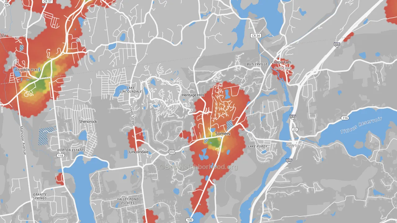 Walk Grade map of 10589, NY, walkable areas in green and car-dependent areas in red