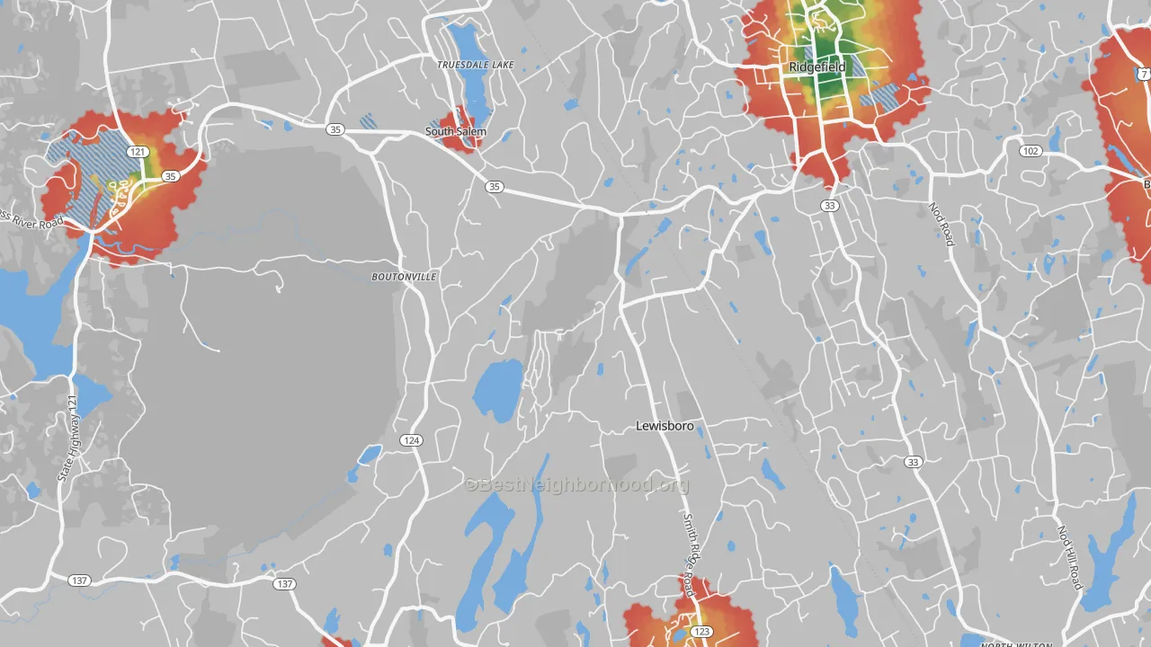 Walk Grade map of 10590, NY, walkable areas in green and car-dependent areas in red