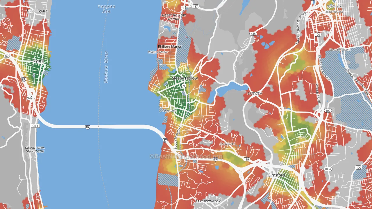 Walk Grade map of 10591, NY, walkable areas in green and car-dependent areas in red