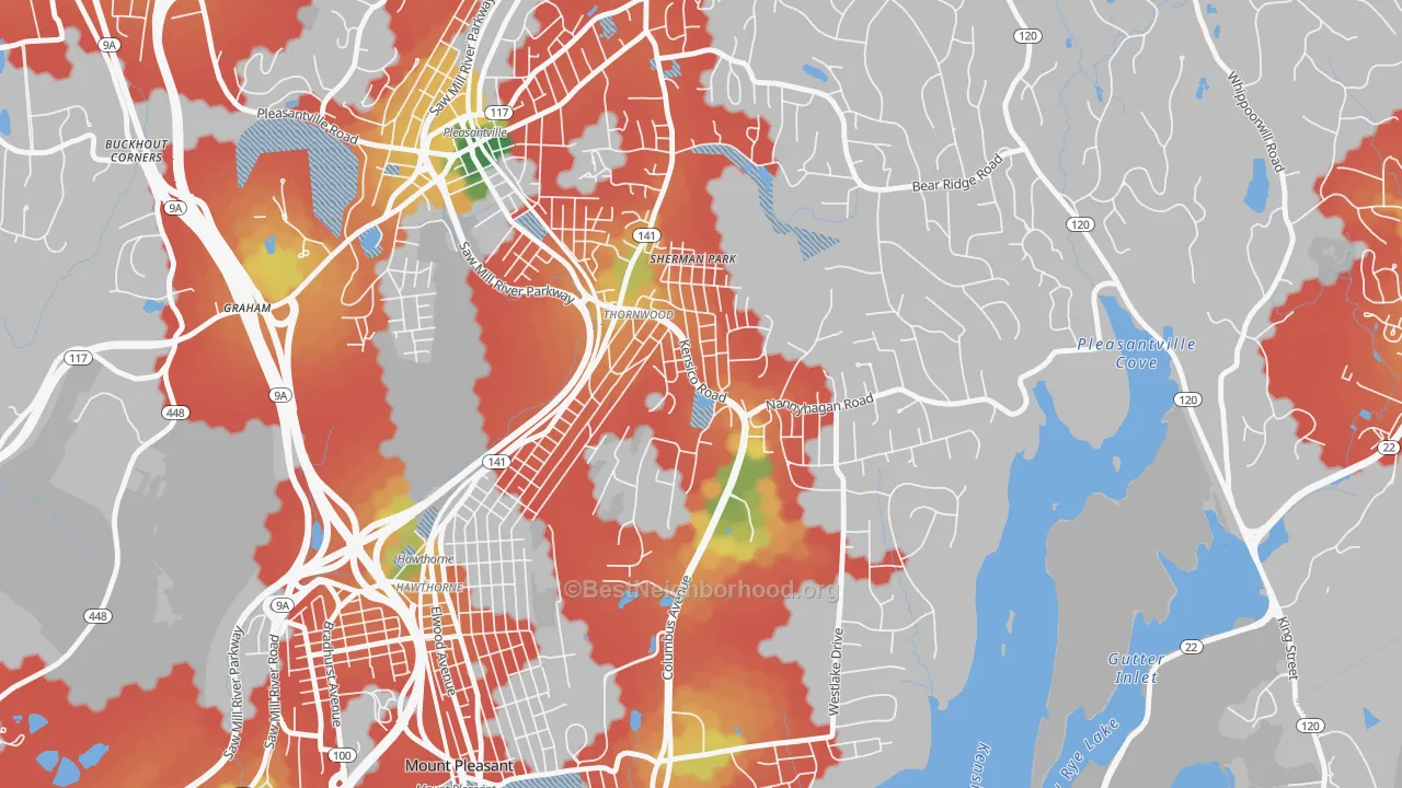 Walk Grade map of 10594, NY, walkable areas in green and car-dependent areas in red
