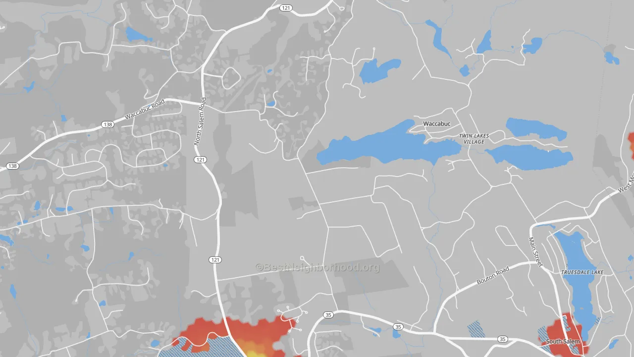 Walk Grade map of 10597, NY, walkable areas in green and car-dependent areas in red